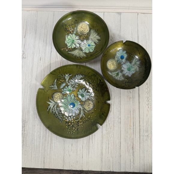 Vintage Sascha Brastoff MCM Enamel Copper Green Floral Plate Ashtray LOT 3 - Picture 6 of 16